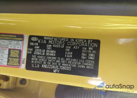 2020 Kia Soul Lx из США, поврежденный, VIN KNDJ23AU1L7080311